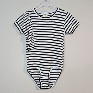 Zara Girls Black & White Striped Bodysuit W/ Ruffle Detail, Size 7 ~ EUC